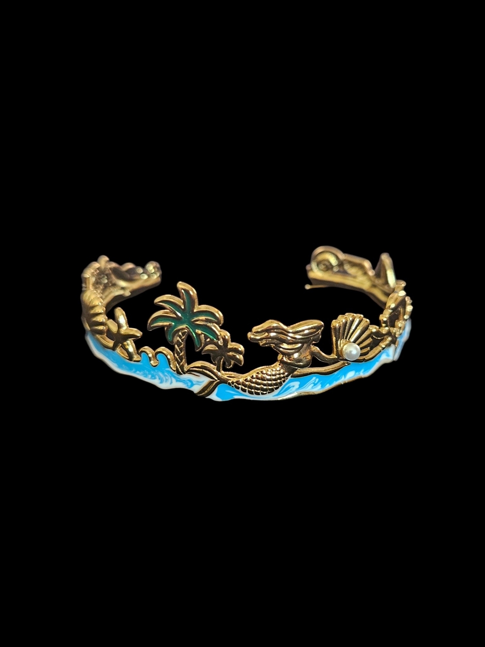 Gold Mermaid Cuff Bracelet with Blue Enamel Waves